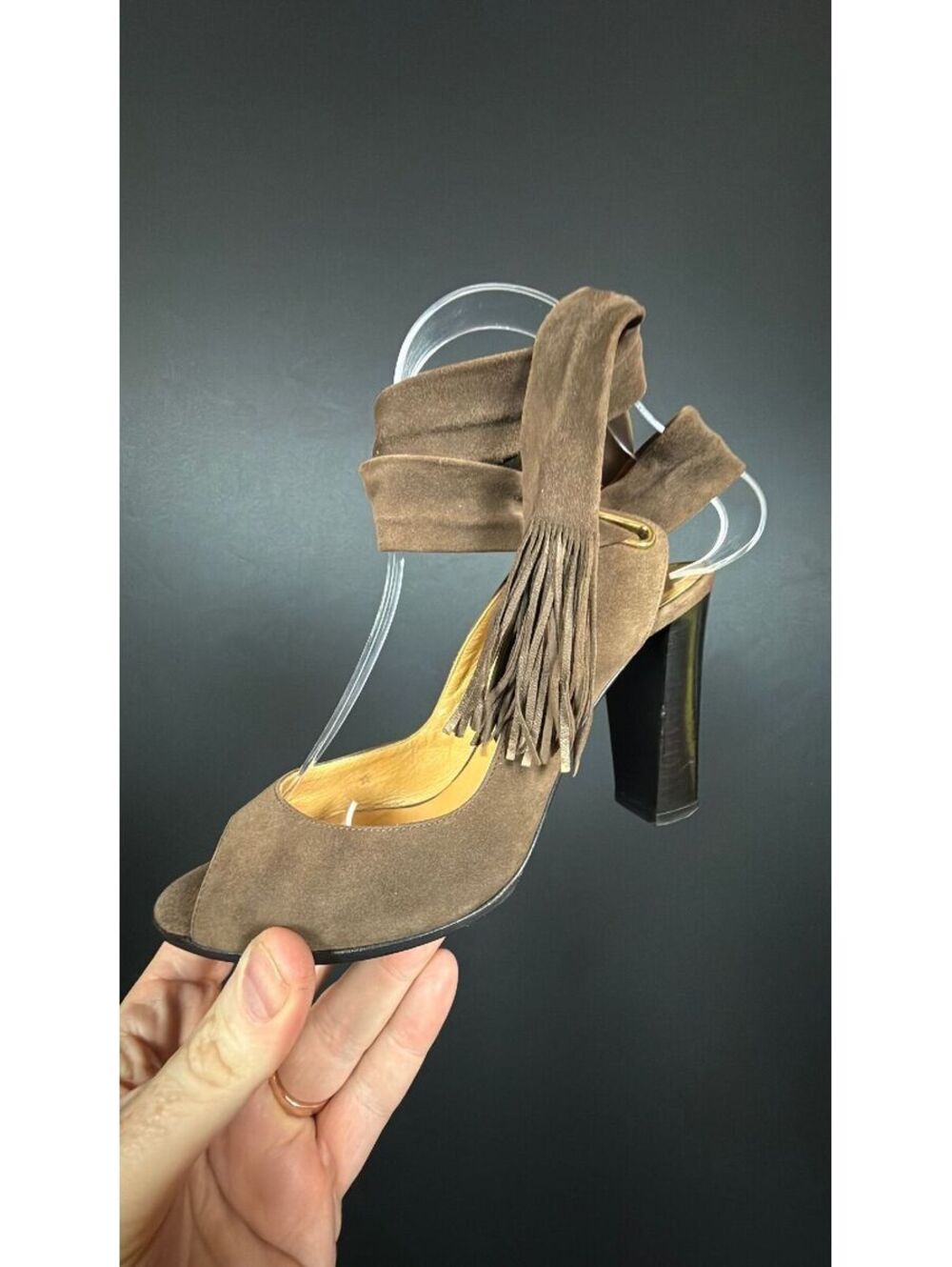Hermes Brown Suede Ankle Wrap Fringe Size 36.5